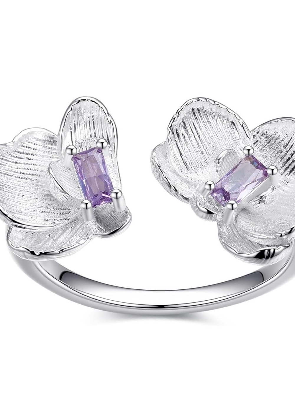 Silver Floral Open Ring with Light Purple Stones